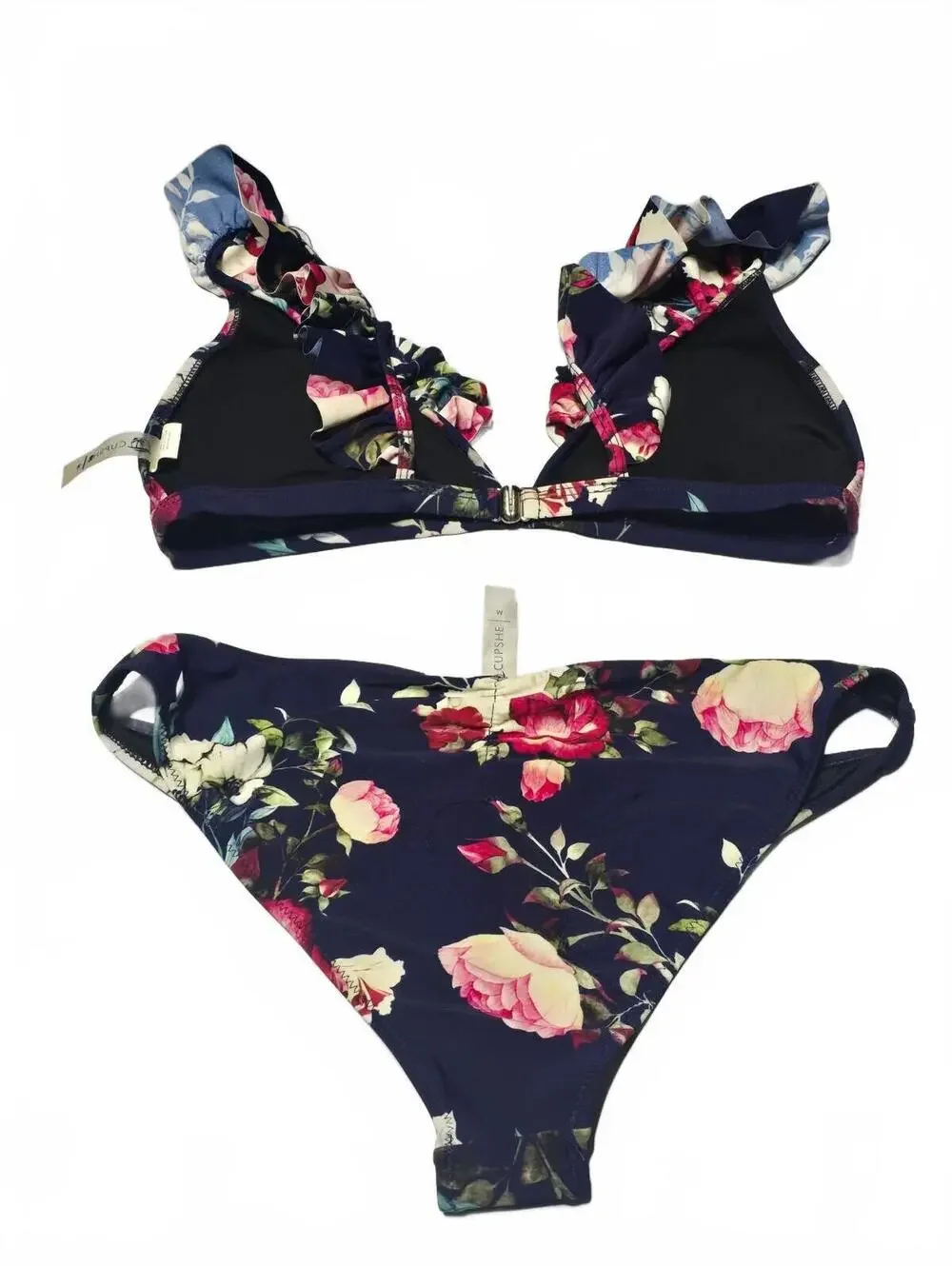 CUPSHE Women’s Size M Navy Floral Ruffle Bikini Two Piece Swimsuit